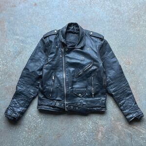 Vintage 60s 70s Black Leather Motorcycle Jacket Perfecto Belted Biker Moto Mens